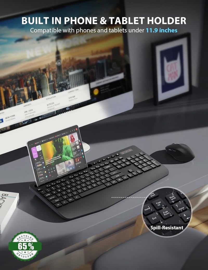 Trueque Wireless Keyboard and Mouse Combo - Full-Sized Ergonomic Keyboard with Wrist Rest, Phone Holder, Sleep Mode, Silent 2.4GHz Cordless Keyboard Mouse Combo for Computer, Laptop, PC, Mac, Windows - - Image 3
